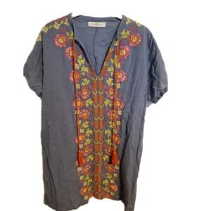 Natural Life Women's Embroidered Short Tassel Dress Size MED Blue SS 100% Cotton